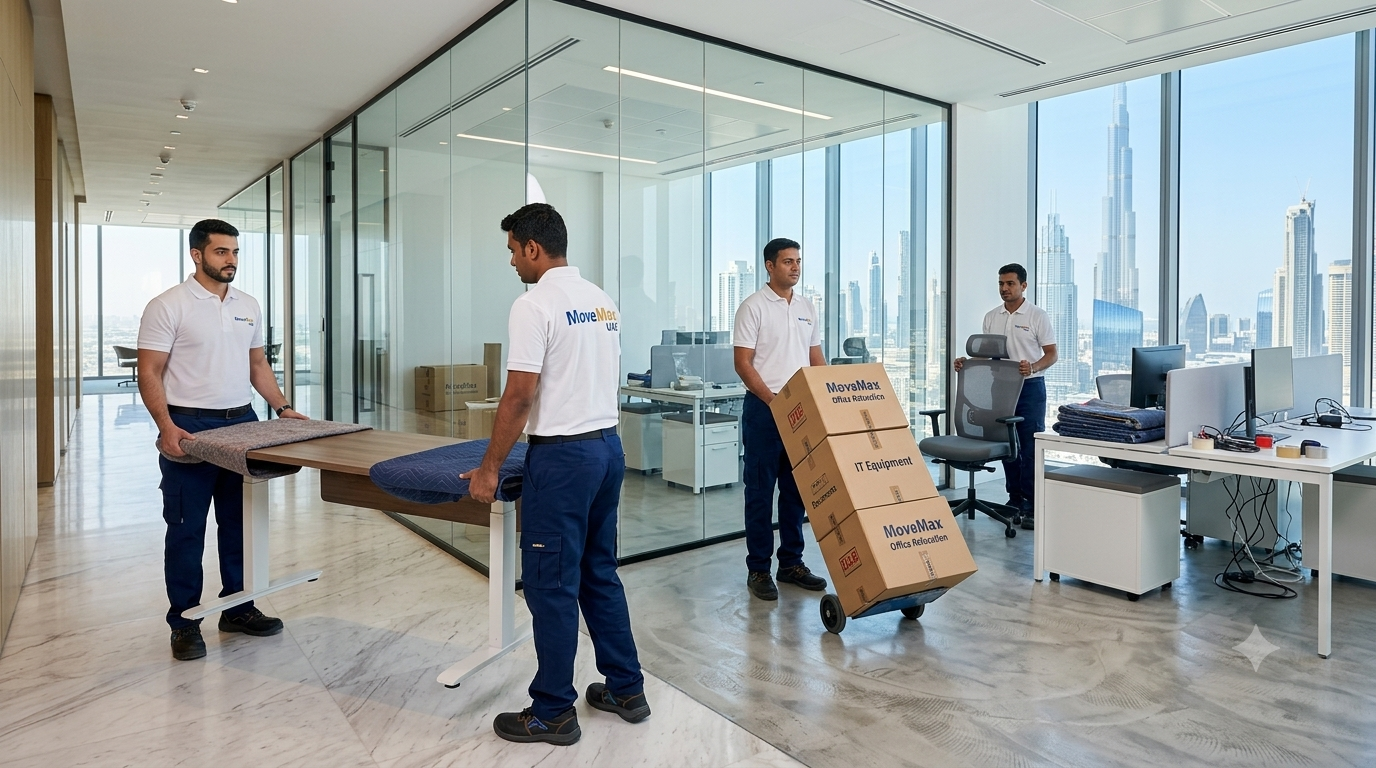 MoveMax UAE team performing professional office relocation and furniture moving in a modern Dubai office