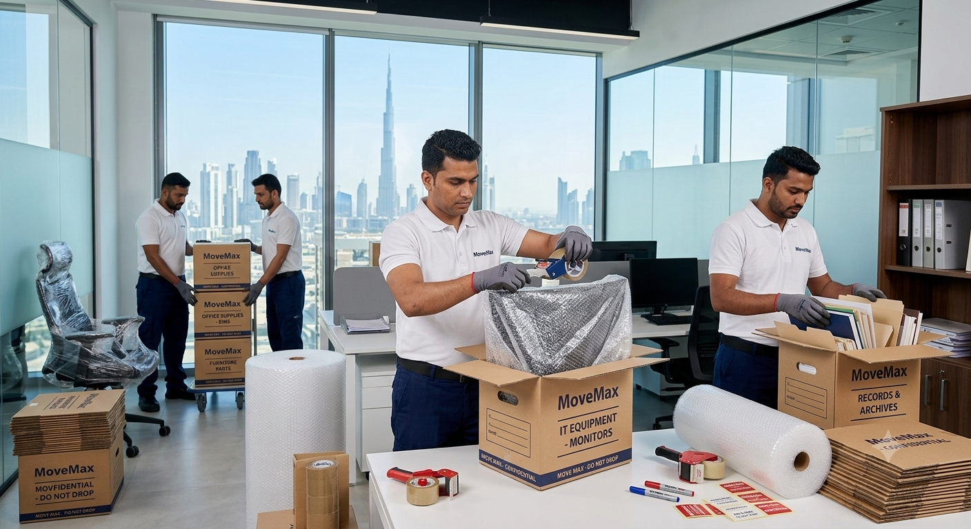 MoveMax UAE movers carefully packing office workstations, computers and business equipment for relocation