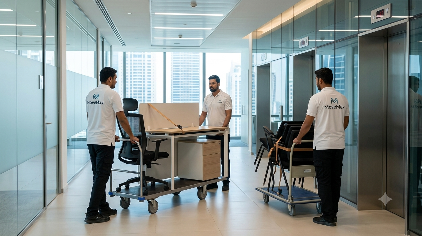 Professional MoveMax UAE office moving team transporting office furniture and equipment safely