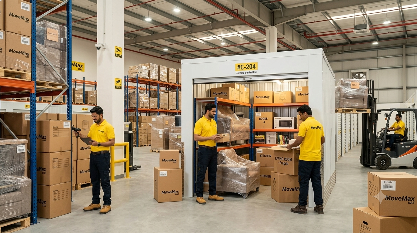MoveMax UAE team securely storing household furniture in a climate-controlled storage facility in Dubai