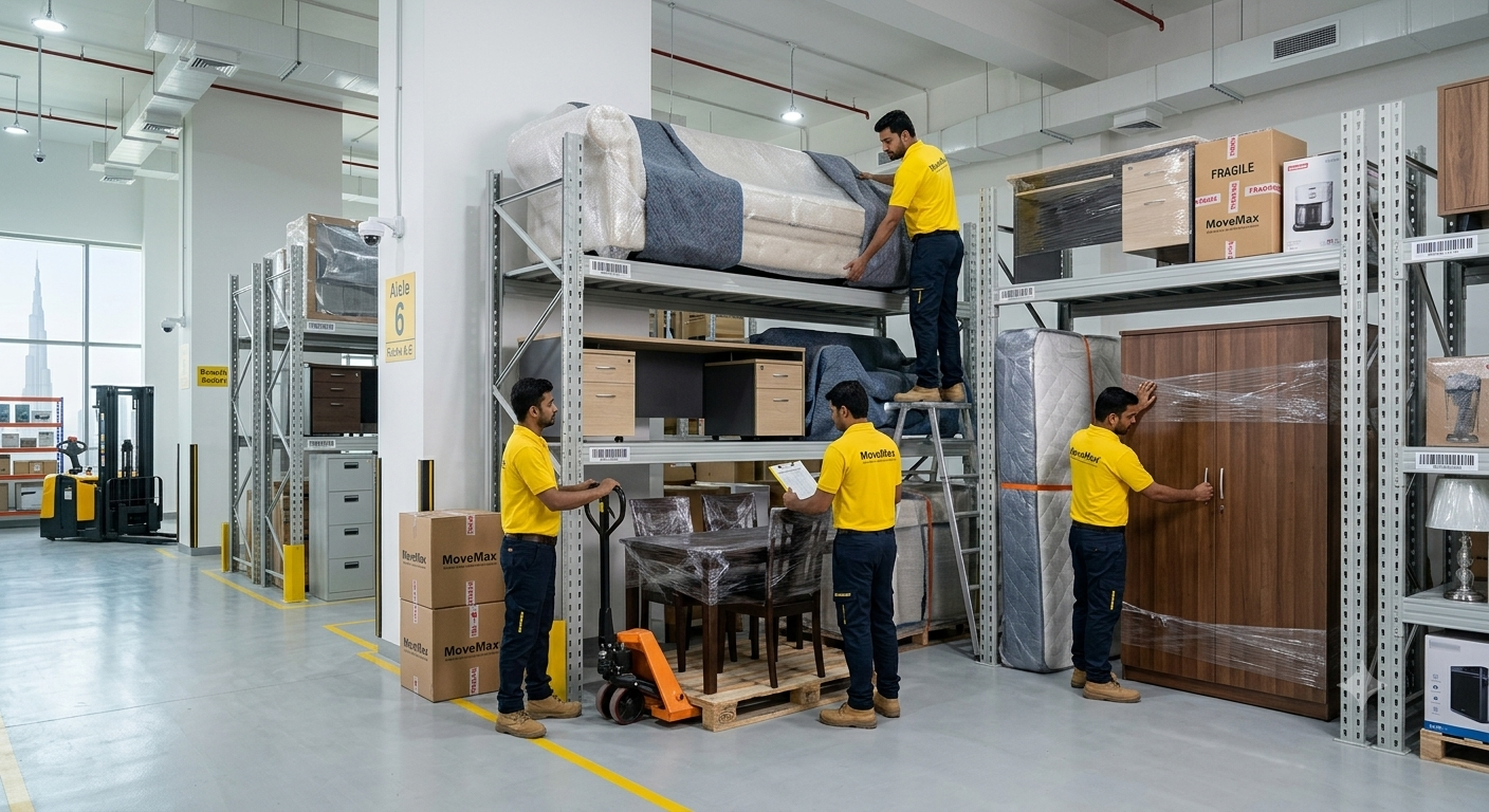 Professional MoveMax UAE movers organizing packed furniture and labeled boxes inside a secure storage warehouse