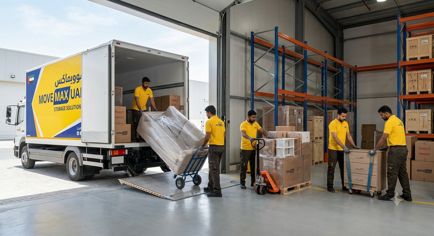 Climate-controlled MoveMax UAE storage warehouse with safely organized customer belongings