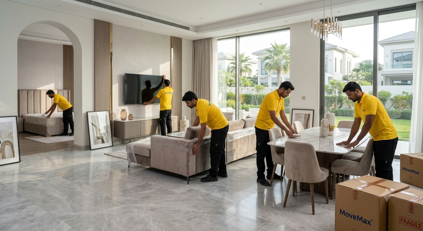 Completed luxury villa move by MoveMax UAE with organized furniture and modern Dubai villa interior